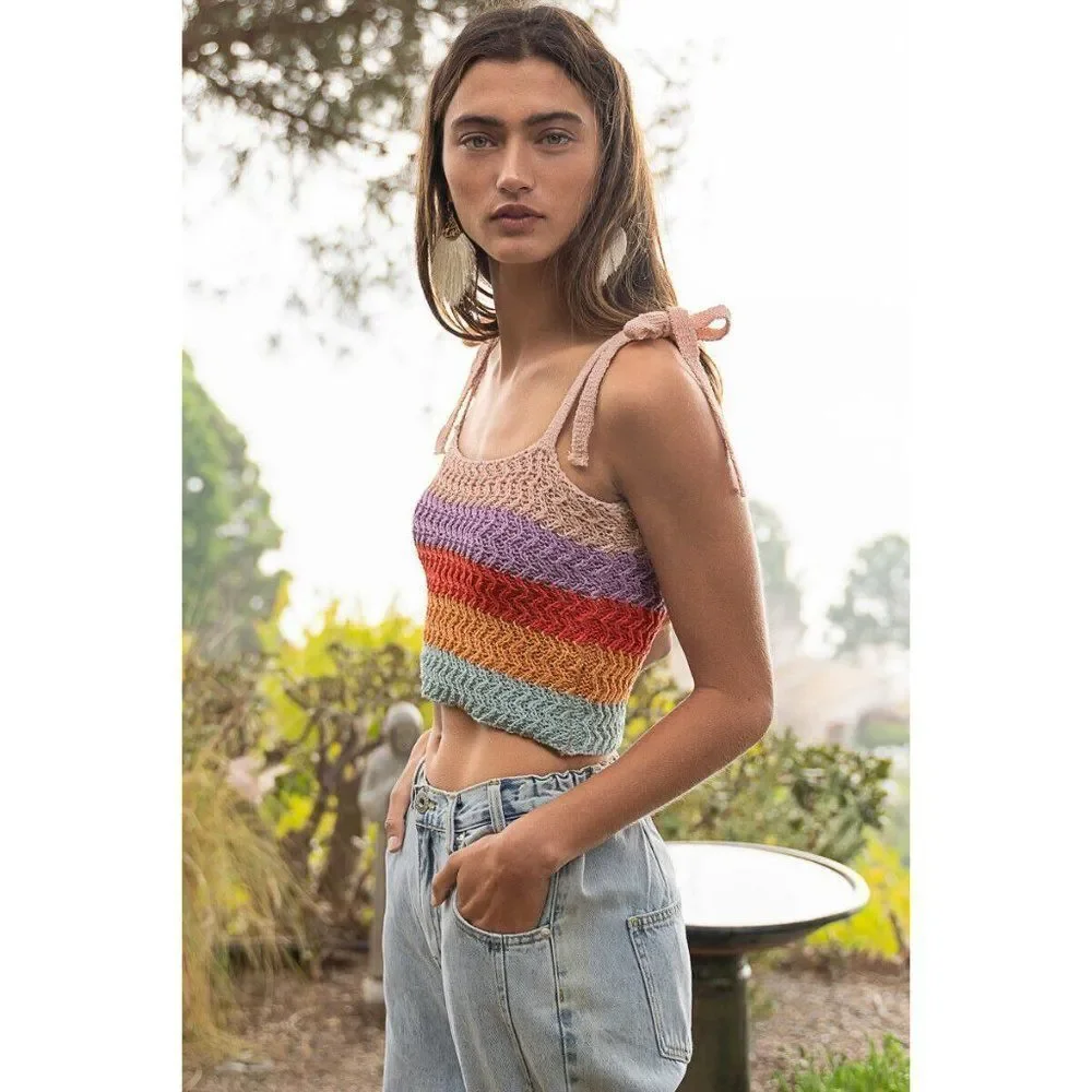 POL Clothing Tie Shoulder Sweater Crop Tank Top Rainbow Sherbet Summer YST7 - Picture 5 of 9
